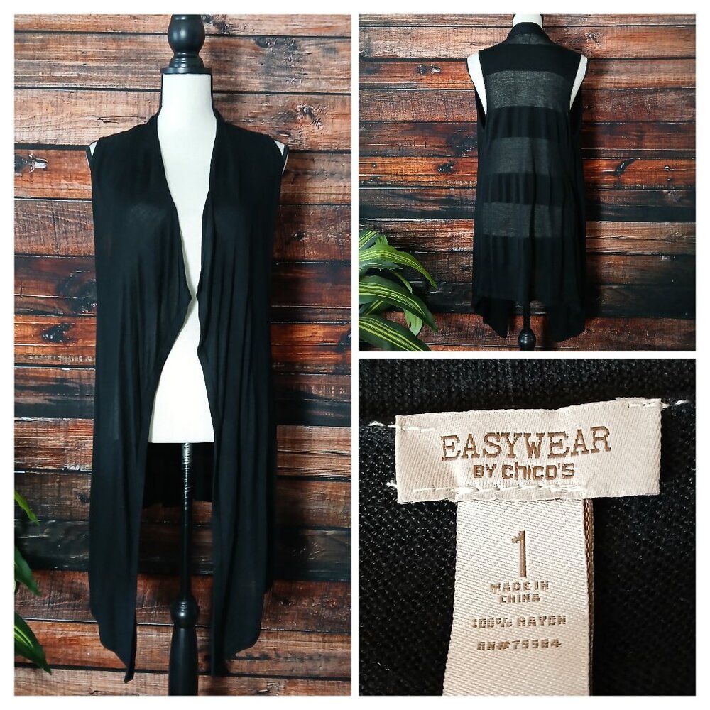 Chico's Easywear Knit Vest Size 1 M Black Rayon Open Long Boho Flowy Cardigan